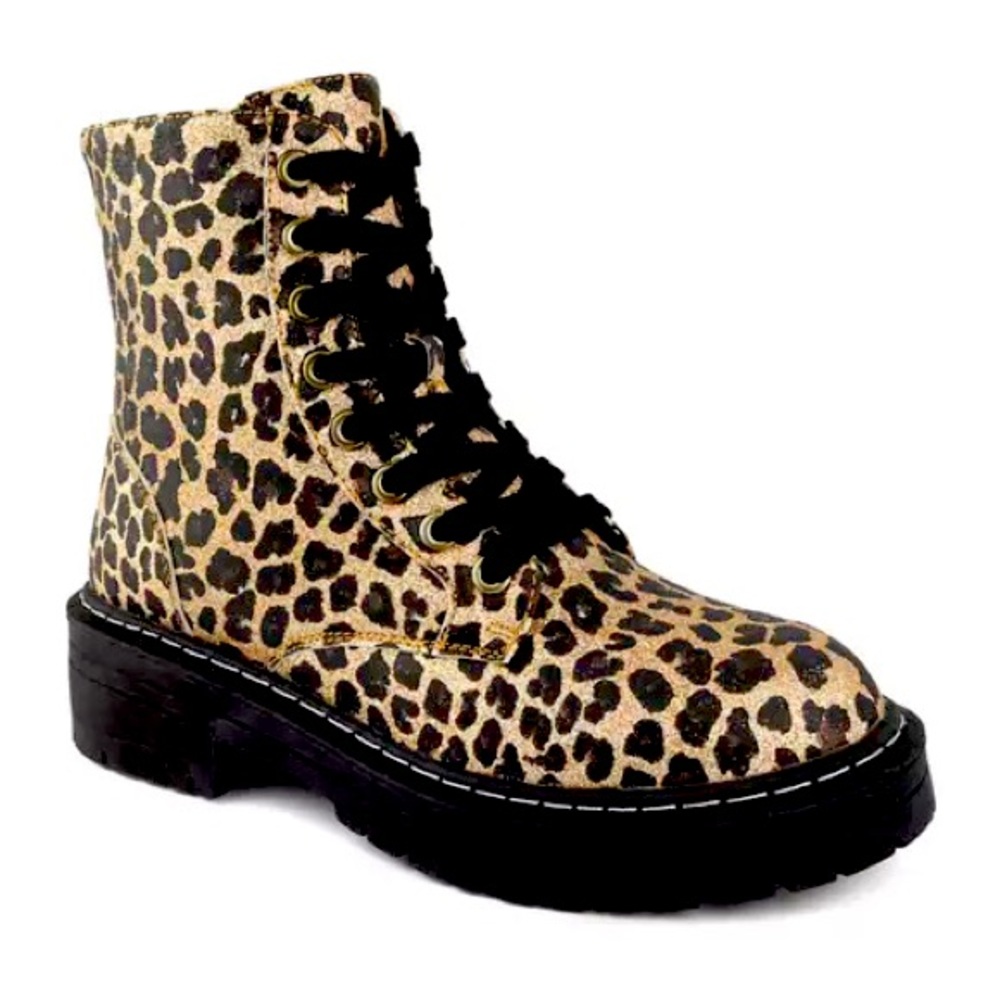 Size 7 Like New True Craft Glitter Leopard Print Combat Boots